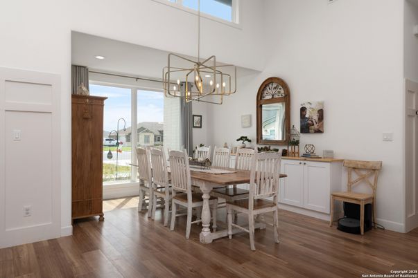 Chandelier, Dining room, Interior, Pendant Lights, Recessed Lighting, Wood Texture Flooring