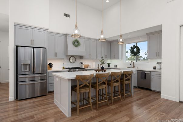 Interior, Kitchen, Pendant Lights, Recessed Lighting, Stainless Steel Appliances, Wood Texture Flooring