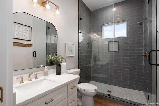 Bathroom, Glass Shower, Interior, Wood Texture Flooring