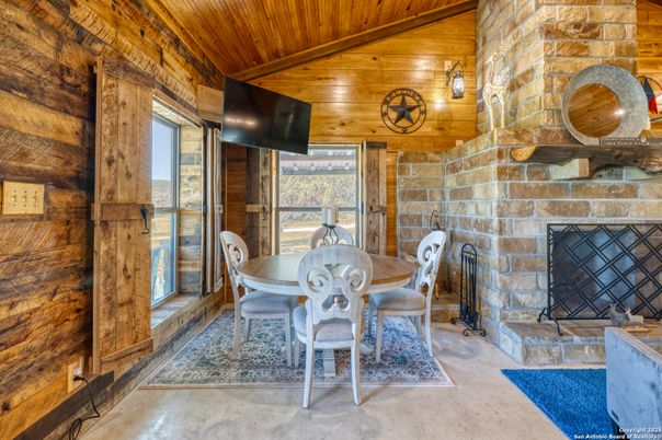Dining room, Fireplace, Interior, Stone Walls, Wooden Ceilings, Wooden Walls