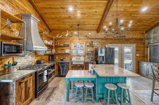 Chandelier, Interior, Kitchen, Recessed Lighting, Stainless Steel Appliances, Wooden Beams, Wooden Ceilings, Wooden Walls