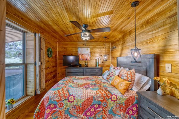 Bedroom, Interior, Pendant Lights, Wooden Ceilings, Wooden Walls