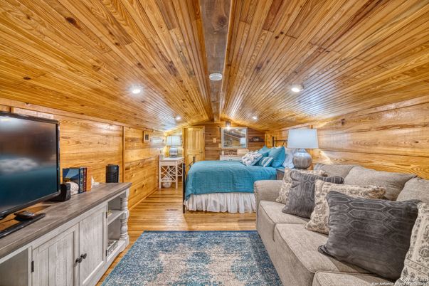 Bedroom, Interior, Living room, Recessed Lighting, Wooden Ceilings, Wood Texture Flooring, Wooden Walls
