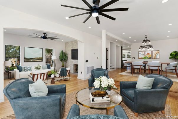 Dining room, Fireplace, Interior, Living room, Pendant Lights, Recessed Lighting, Stone Walls, Wood Texture Flooring