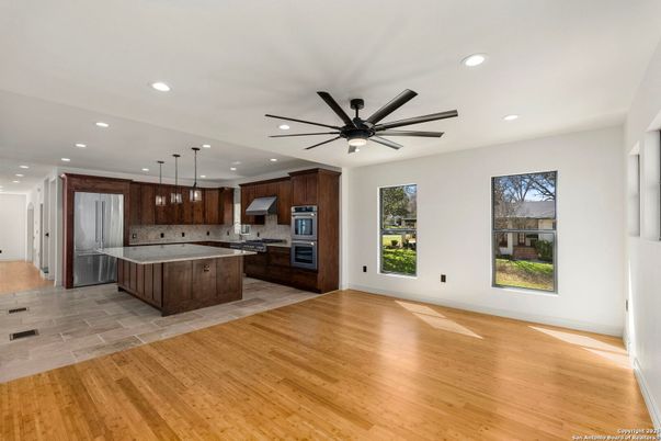 Interior, Kitchen, Pendant Lights, Recessed Lighting, Stainless Steel Appliances, Wood Texture Flooring