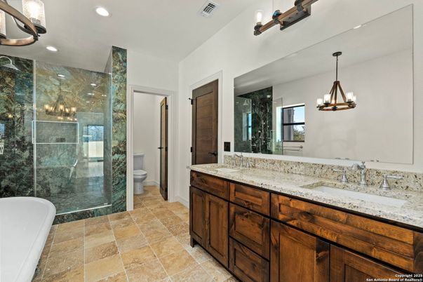 Bathroom, Dual Sink Vanities, Free Standing Baths, Glass Shower, Interior, Pendant Lights, Recessed Lighting
