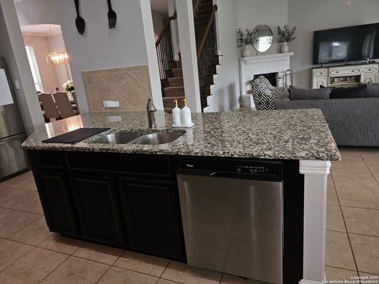 Fireplace, Interior, Kitchen, Pendant Lights, Stainless Steel Appliances