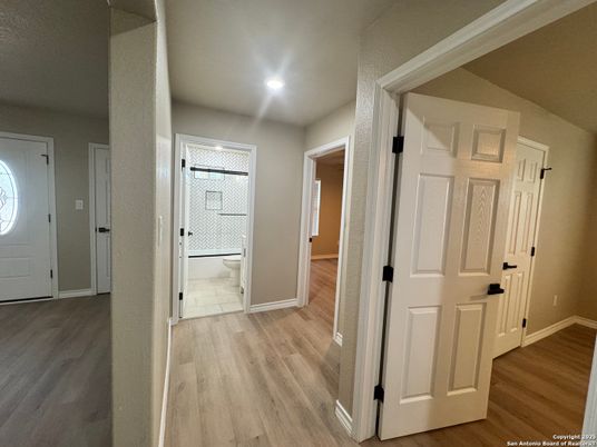 Bathroom, Interior, Marble, Recessed Lighting, Wood Texture Flooring