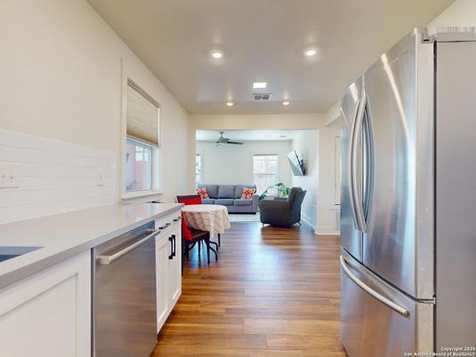 Interior, Kitchen, Living room, Recessed Lighting, Stainless Steel Appliances, Wood Texture Flooring
