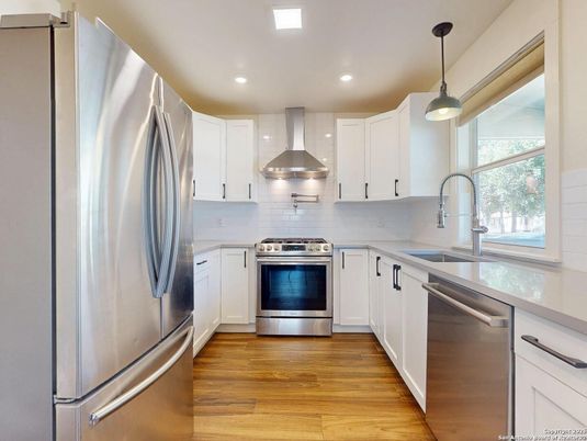 Interior, Kitchen, Pendant Lights, Recessed Lighting, Stainless Steel Appliances, Wood Texture Flooring