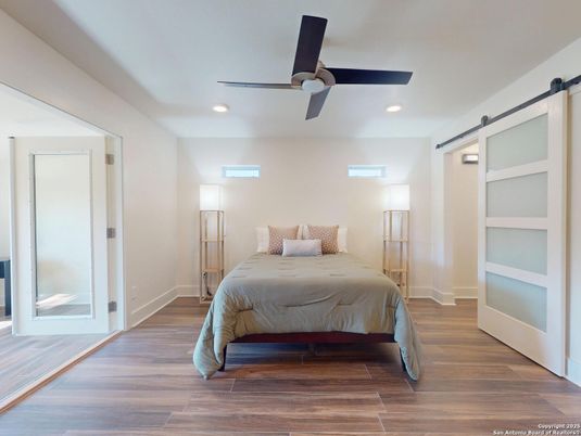 Bedroom, Interior, Recessed Lighting, Wood Texture Flooring