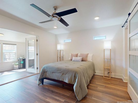 Bedroom, Interior, Recessed Lighting, Wood Texture Flooring