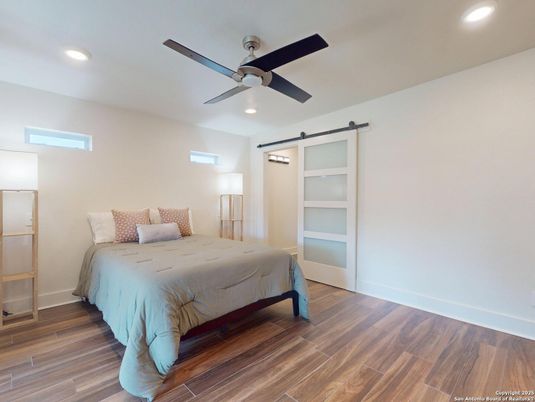 Bedroom, Interior, Recessed Lighting, Wood Texture Flooring