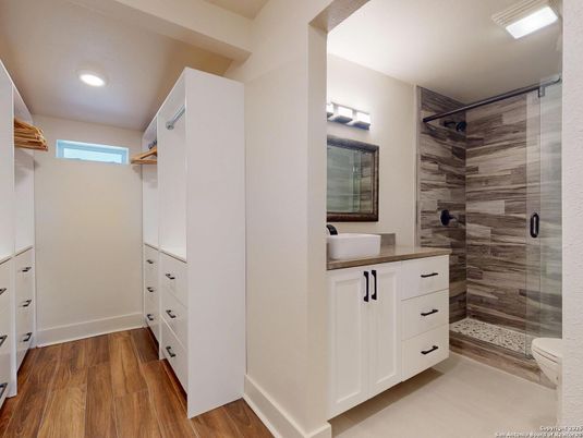 Bathroom, Glass Shower, Interior, Recessed Lighting, Wood Texture Flooring