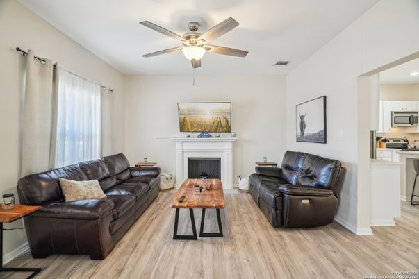 Fireplace, Interior, Kitchen, Living room, Recessed Lighting, Wood Texture Flooring