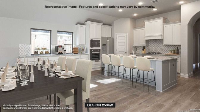 Dining room, Interior, Kitchen, Recessed Lighting, Stainless Steel Appliances, Wood Texture Flooring