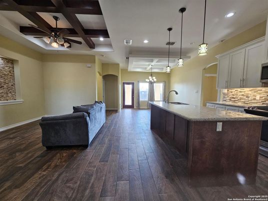 Interior, Kitchen, Pendant Lights, Recessed Lighting, Wood Texture Flooring