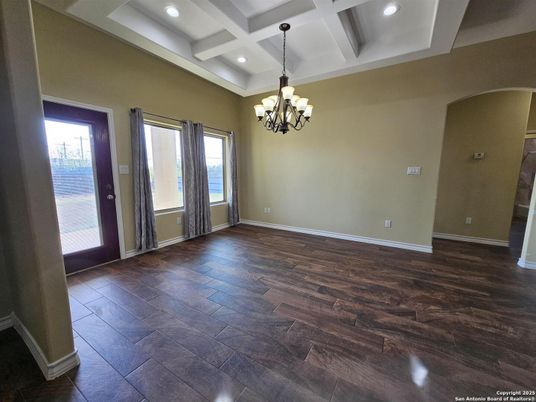 Chandelier, Empty room, Interior, Recessed Lighting, Wood Texture Flooring
