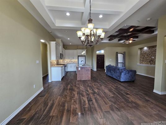 Chandelier, Interior, Kitchen, Pendant Lights, Recessed Lighting, Wood Texture Flooring