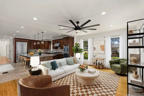 Dining room, Interior, Kitchen, Living room, Pendant Lights, Recessed Lighting, Stainless Steel Appliances, Wood Texture Flooring