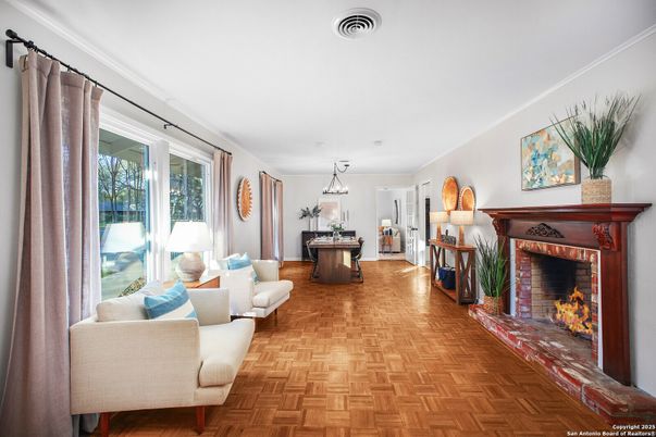Dining room, Fireplace, Interior, Living room, Pendant Lights, Wood Texture Flooring