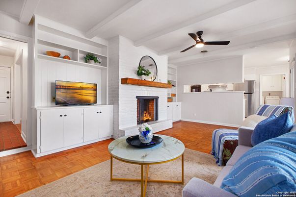 Fireplace, Interior, Kitchen, Living room, Wood Texture Flooring