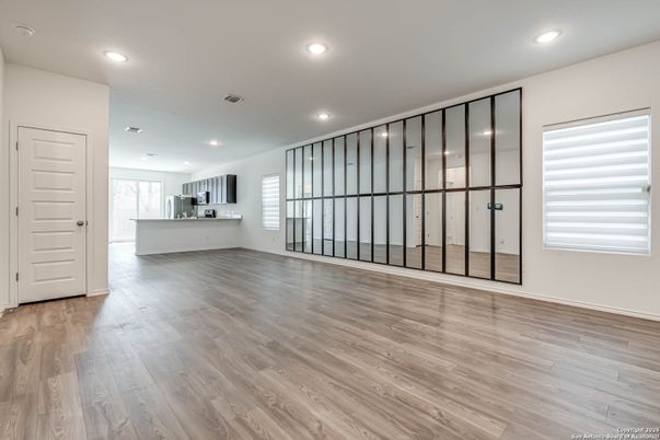 Empty room, Interior, Kitchen, Recessed Lighting, Wood Texture Flooring