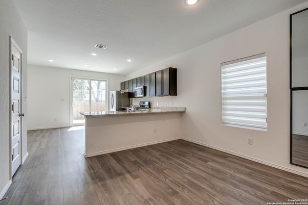 Empty room, Interior, Kitchen, Recessed Lighting, Wood Texture Flooring