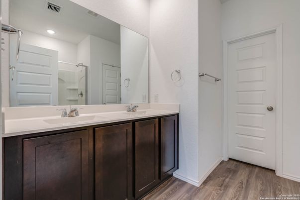 Bathroom, Dual Sink Vanities, Interior, Recessed Lighting, Wood Texture Flooring