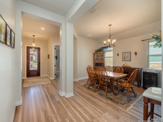 Chandelier, Dining room, Interior, Recessed Lighting, Wood Texture Flooring