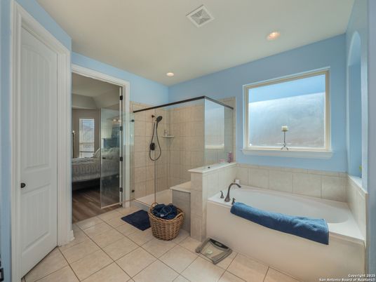 Bathroom, Glass Shower, Interior, Recessed Lighting, Wood Texture Flooring