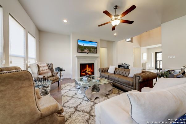 Fireplace, Interior, Living room, Recessed Lighting, Wood Texture Flooring