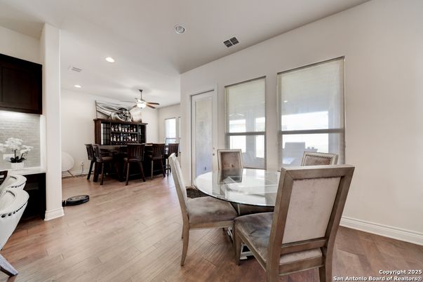 Dining room, Interior, Recessed Lighting, Wood Texture Flooring