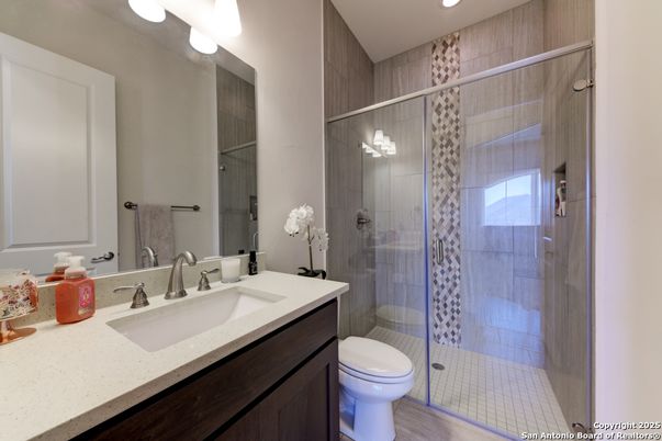 Bathroom, Glass Shower, Interior, Recessed Lighting, Wood Texture Flooring
