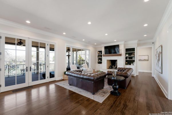 Fireplace, Interior, Living room, Recessed Lighting, Wood Texture Flooring