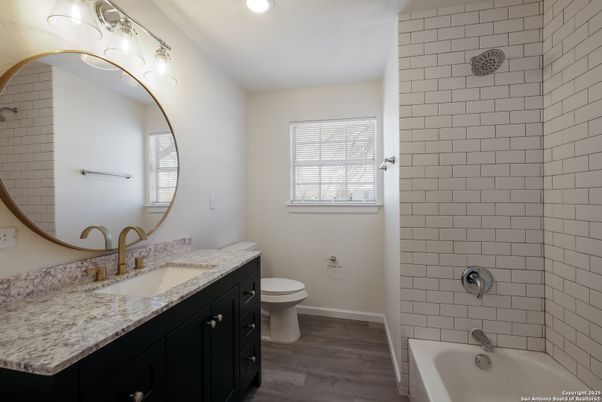Bathroom, Dual Sink Vanities, Interior, Recessed Lighting, Wood Texture Flooring