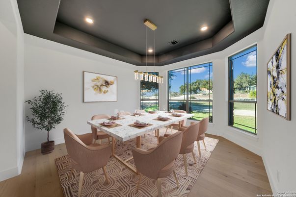 Dining room, Interior, Pendant Lights, Recessed Lighting, Water, Wood Texture Flooring