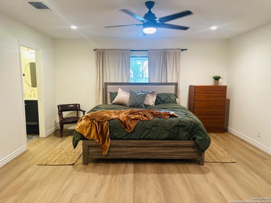 Bedroom, Interior, Recessed Lighting, Wood Texture Flooring