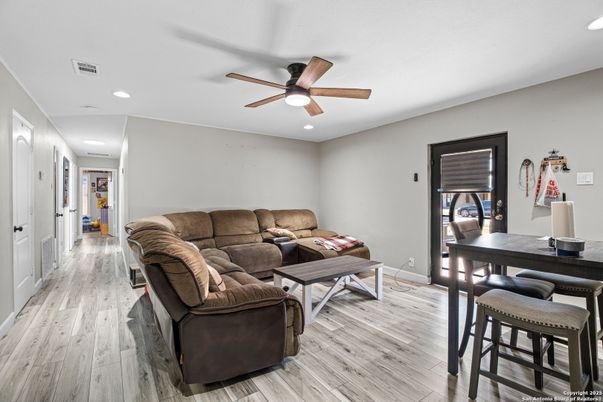 Dining room, Interior, Living room, Recessed Lighting, Wood Texture Flooring