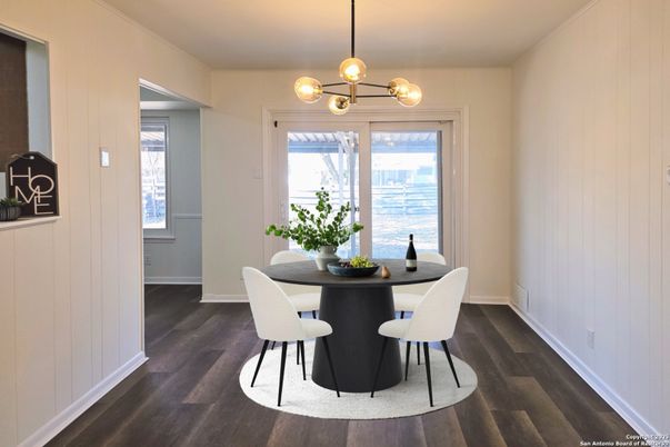 Dining room, Interior, Pendant Lights, Wood Texture Flooring