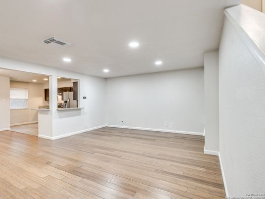 Empty room, Interior, Kitchen, Recessed Lighting, Wood Texture Flooring