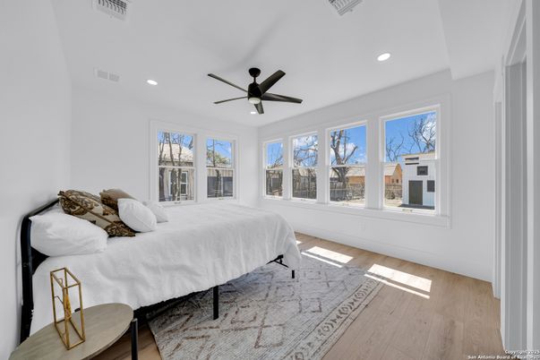 Bedroom, Interior, Recessed Lighting, Wood Texture Flooring