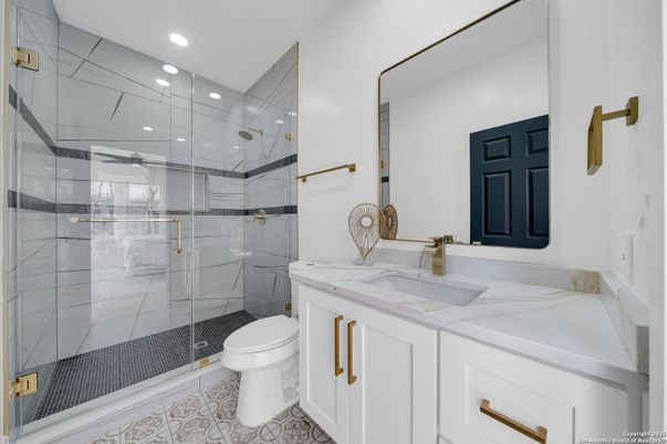 Bathroom, Glass Shower, Interior, Marble Walls, Recessed Lighting