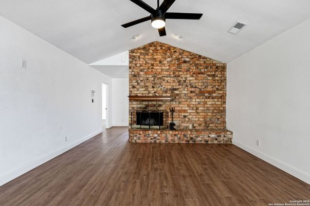 Empty room, Fireplace, Interior, Stone Walls, Wood Texture Flooring