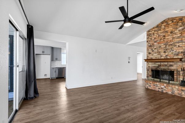 Empty room, Fireplace, Interior, Kitchen, Stone Walls, Wood Texture Flooring