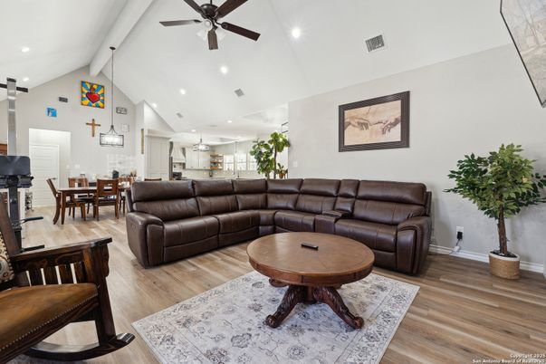 Dining room, Interior, Living room, Pendant Lights, Recessed Lighting, Wood Texture Flooring