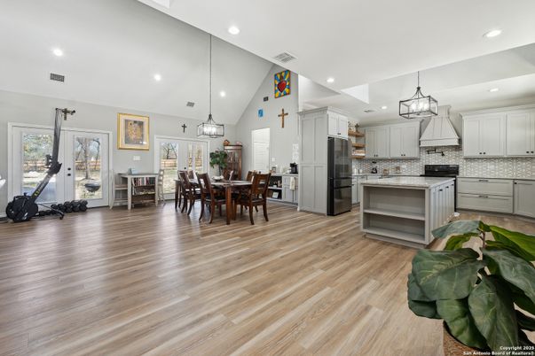 Dining room, Interior, Kitchen, Pendant Lights, Recessed Lighting, Wood Texture Flooring