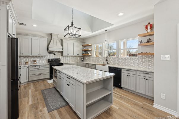 Interior, Kitchen, Pendant Lights, Recessed Lighting, Wood Texture Flooring