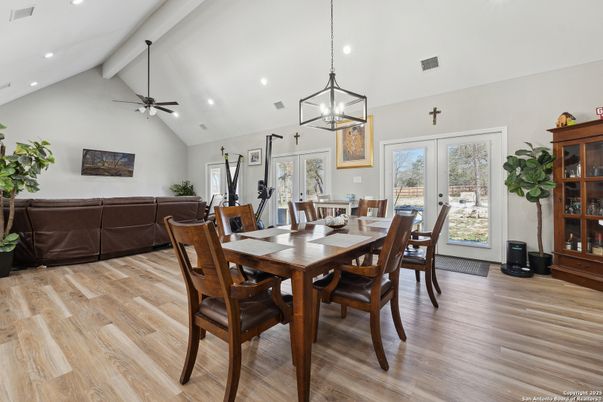 Dining room, Interior, Pendant Lights, Recessed Lighting, Wood Texture Flooring