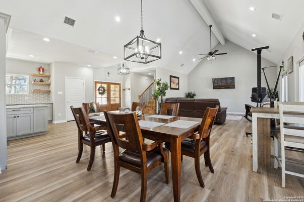 Dining room, Fireplace, Interior, Pendant Lights, Recessed Lighting, Wood Texture Flooring